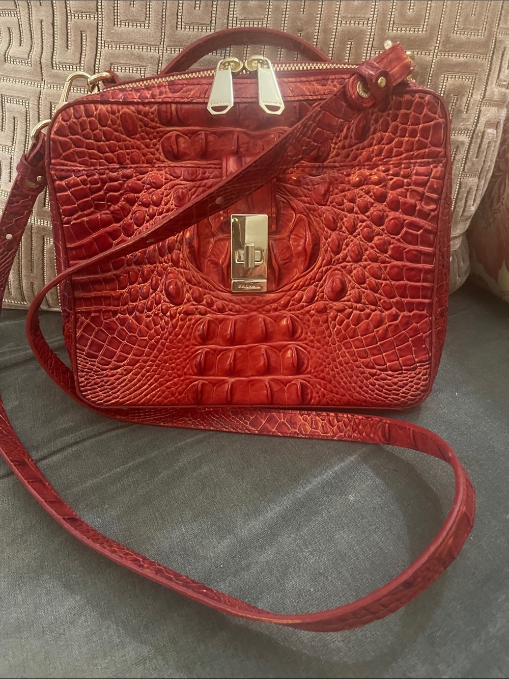 Brahmin Red Croc-Embossed Leather Crossbody with Gold Hardware